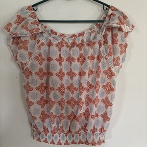 Floral Crop Smocked Top Puffy Flutte Sleeves Off the shoulder Med Cotton